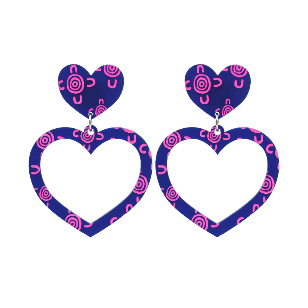 Sea Glass "Meeting Place" Heart Hoop Earrings - Navy and Hot Pink