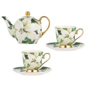 Bold Blooms White Lily Teapot & 2 Teacup Set