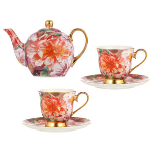 Bold Blooms Peach Peony Teapot & 2 Teacup Set