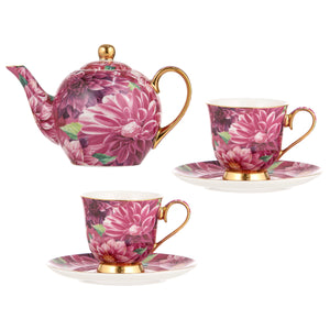 Bold Blooms Pink Dahlia Teapot & 2 Teacup Set