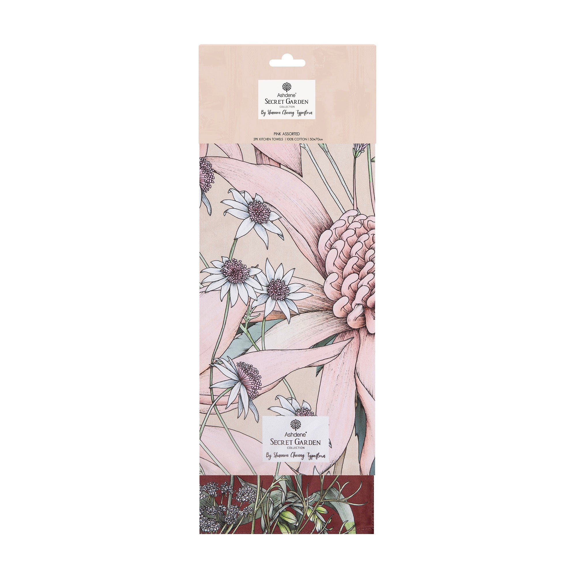Secret Garden 2pk Kitchen Tea Towel - Pink