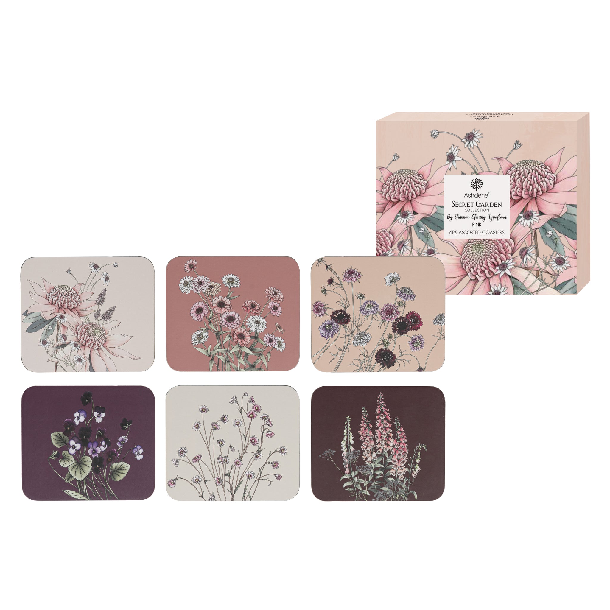 Secret Garden 6pk Assorted Coasters - Pink