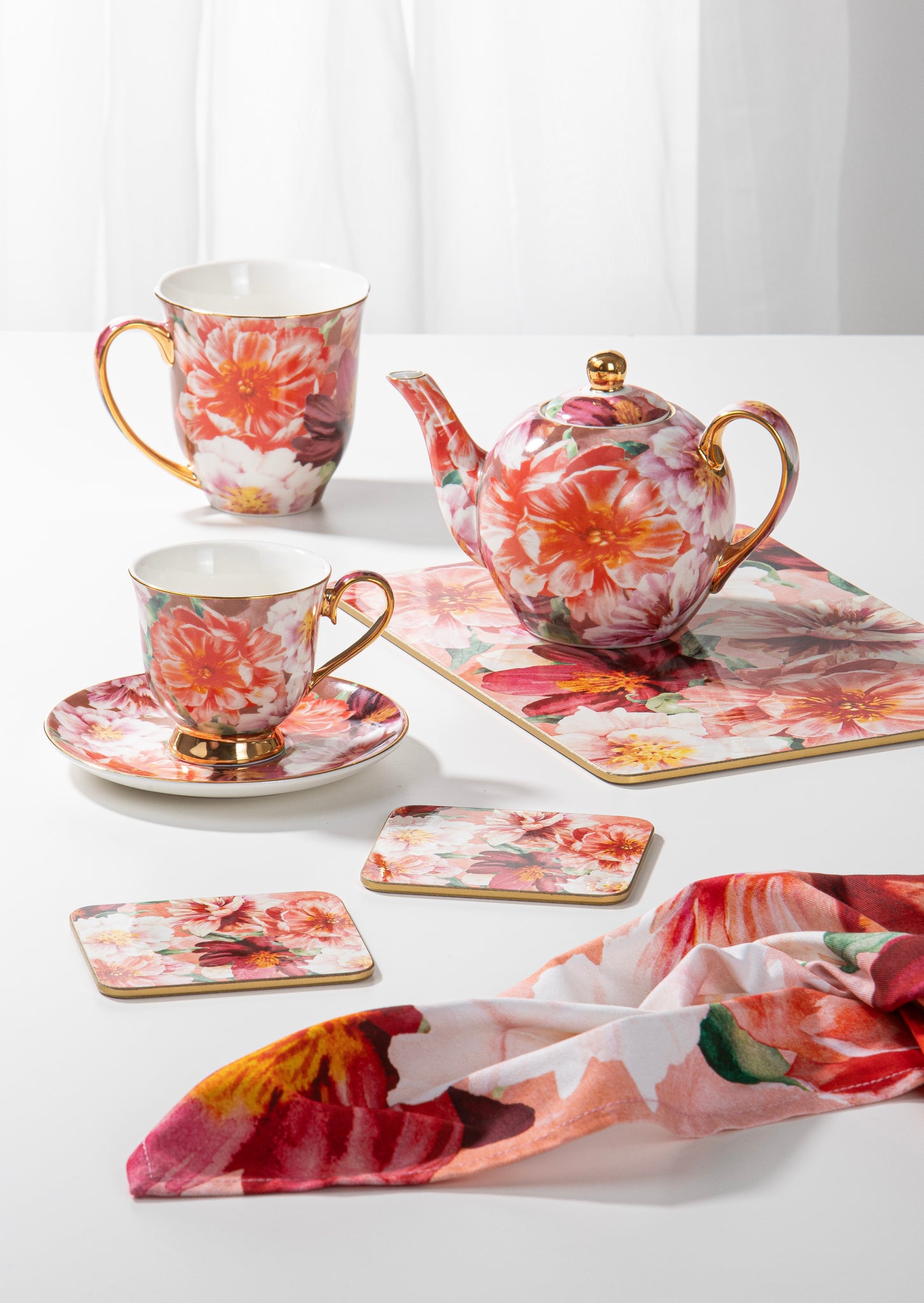 Bold Blooms Peach Peony Teapot & 2 Teacup Set