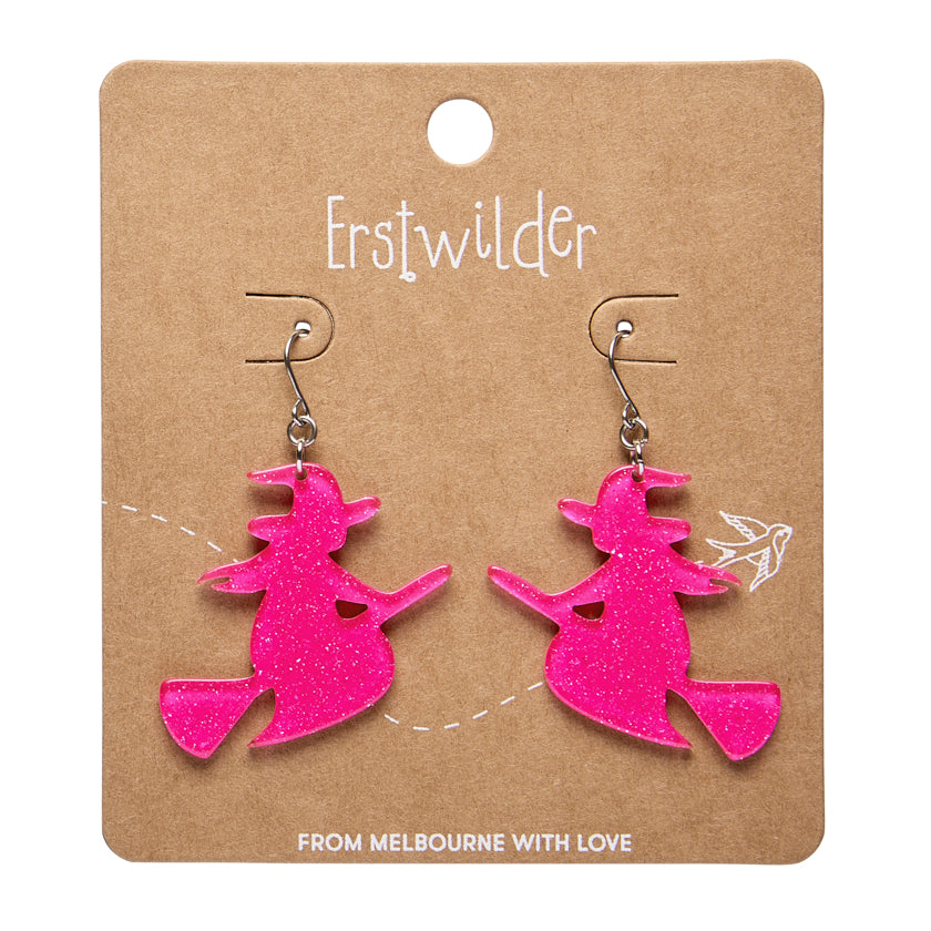 Flying Witch Pink Drop Earrings