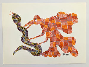 Bird and Snake Fighting Acrylic on Paper - Bhil Art