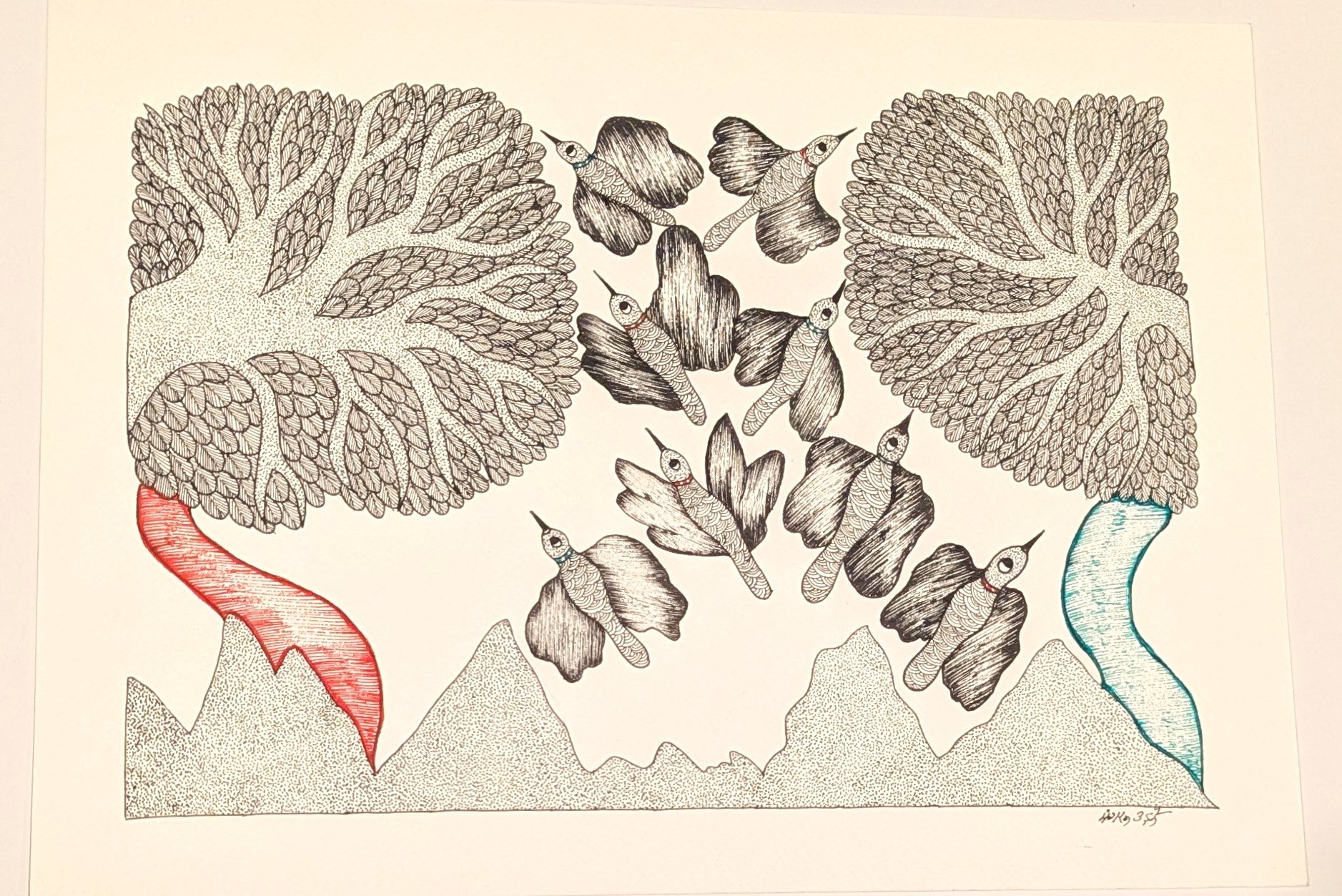 Birds in Flight Ink on Paper - Gond Art