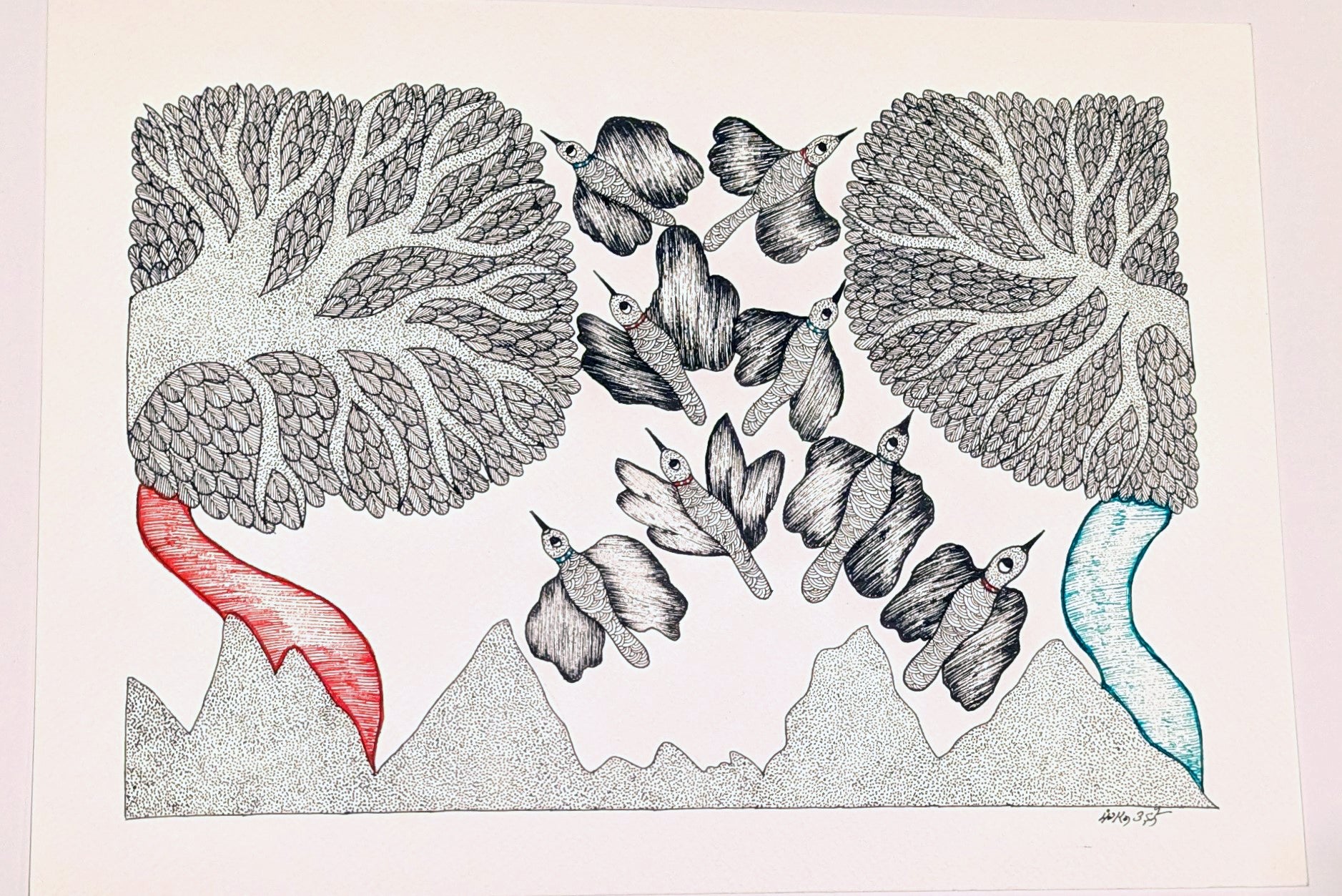 Birds in Flight Ink on Paper - Gond Art