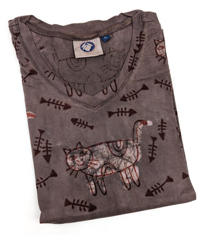 Cat Brown Red Tshirt - Rajasthan Block Printed