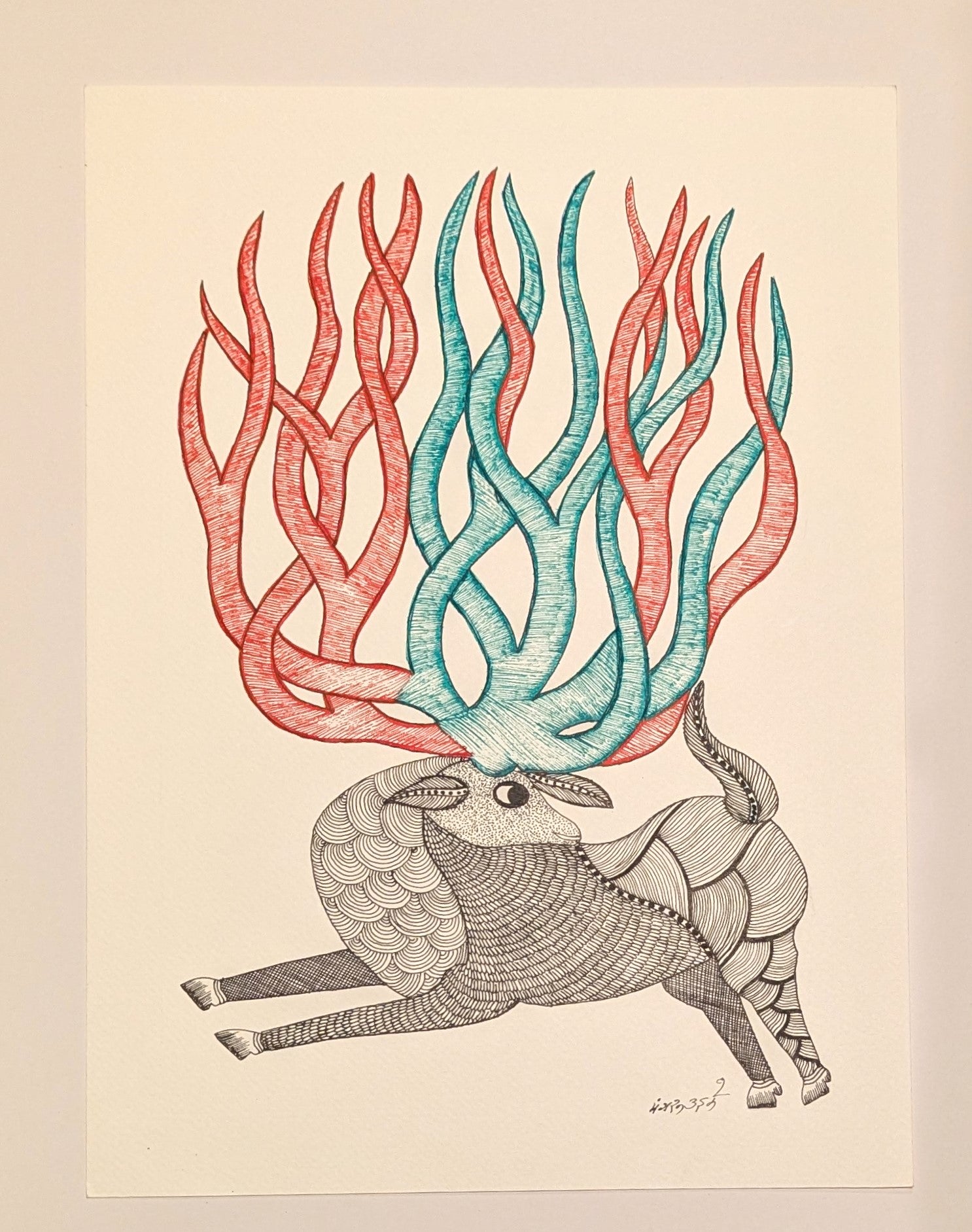 Deer with Coloured Antlers Ink on Paper - Gond Art