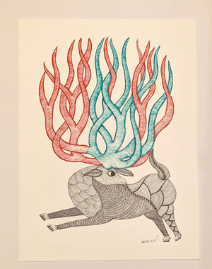 Deer with Coloured Antlers Ink on Paper - Gond Art