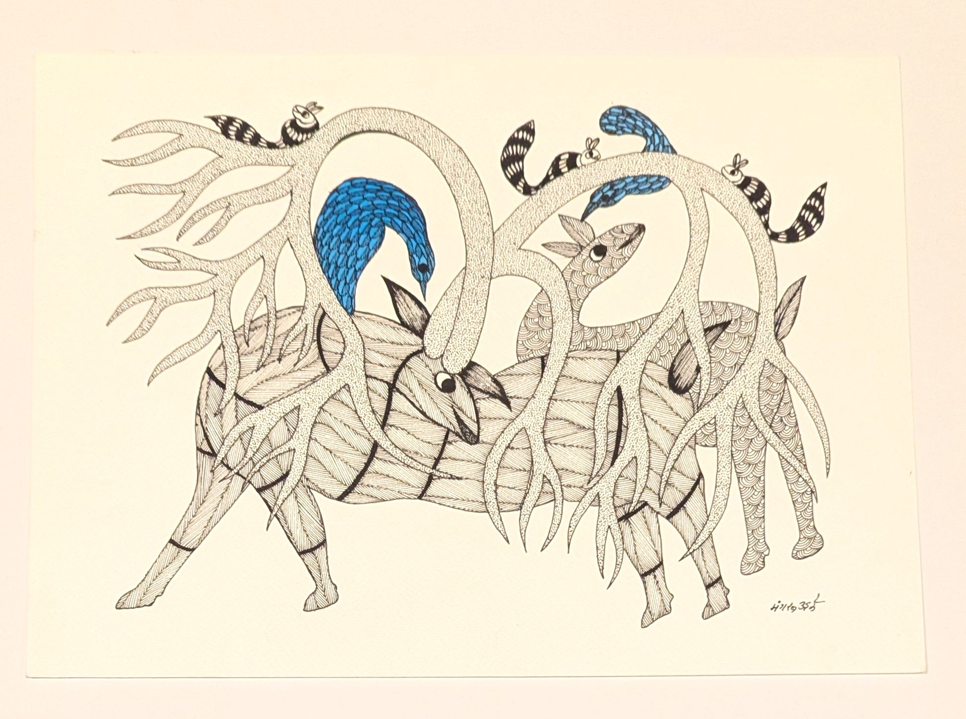 Deer with Tree Antlers Squirrels and Birds Ink on Paper - Gond Art
