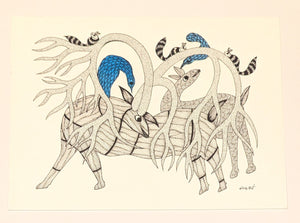 Deer with Tree Antlers Squirrels and Birds Ink on Paper - Gond Art