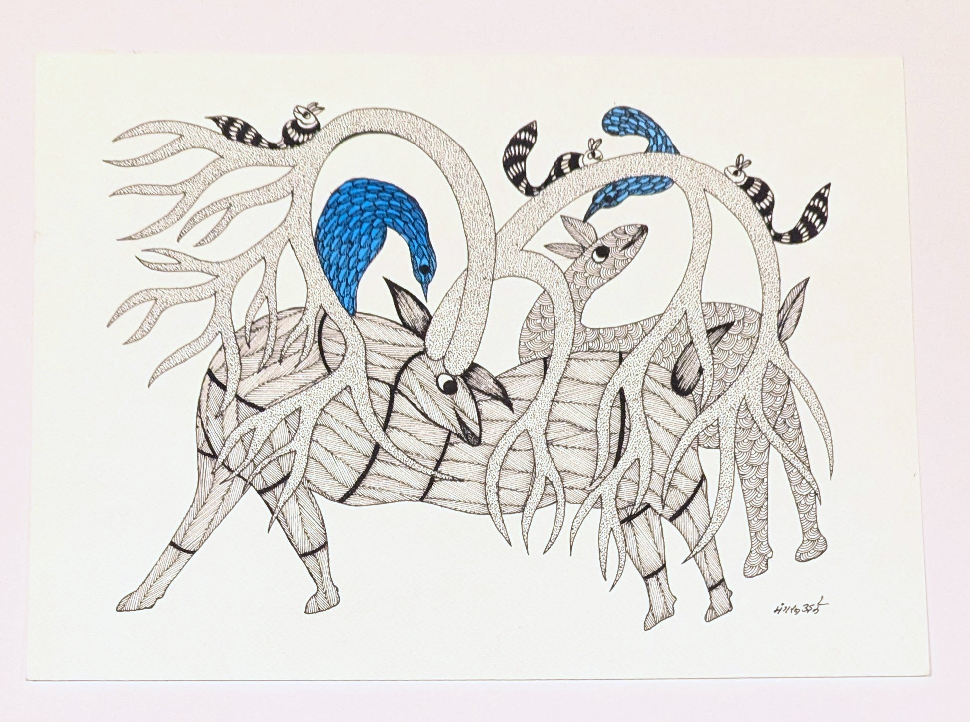 Deer with Tree Antlers Squirrels and Birds Ink on Paper - Gond Art