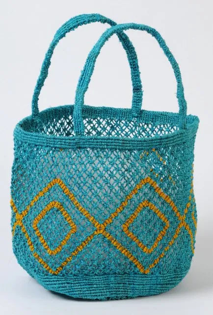 Round Jute Macrame Bag Diamond - Turquoise Natural