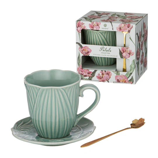 Petals Mint Green Mug Saucer & Spoon Gift Set