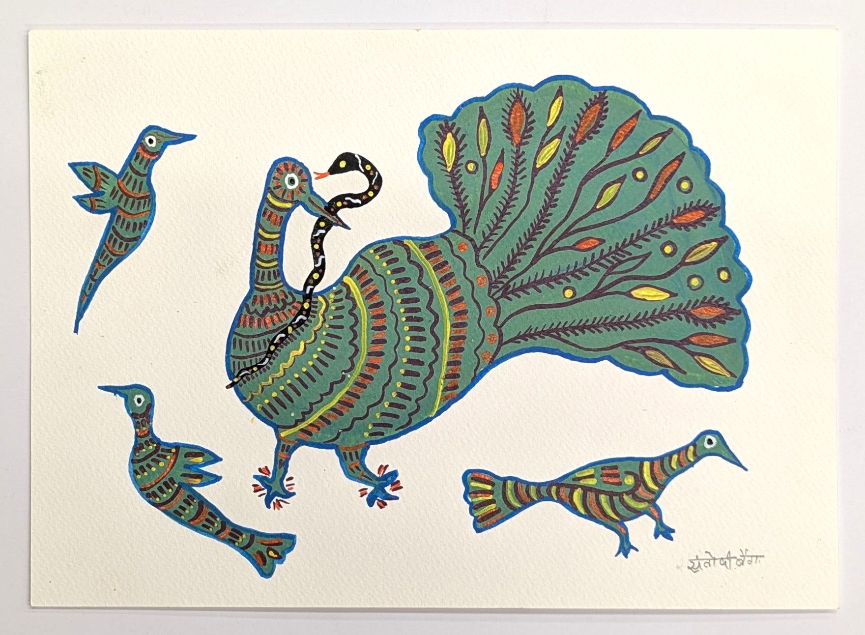 Peacock and Snake Acrylic on Paper - Baiga Art
