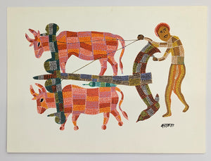 Ploughing the Field Acrylic on Paper - Bhil Art