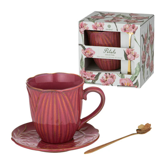 Petals Ruby Red Mug Saucer & Spoon Gift Set