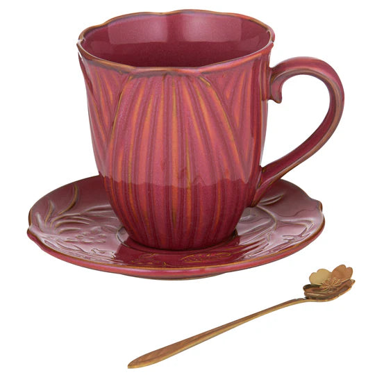 Petals Ruby Red Mug Saucer & Spoon Gift Set