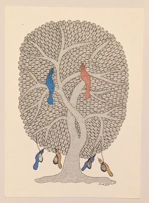 Tree of Life with Beautiful Birds Ink on Paper - Gond Art
