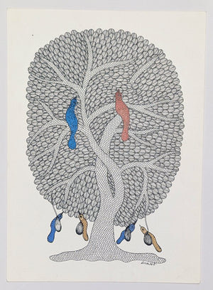 Tree of Life with Beautiful Birds Ink on Paper - Gond Art