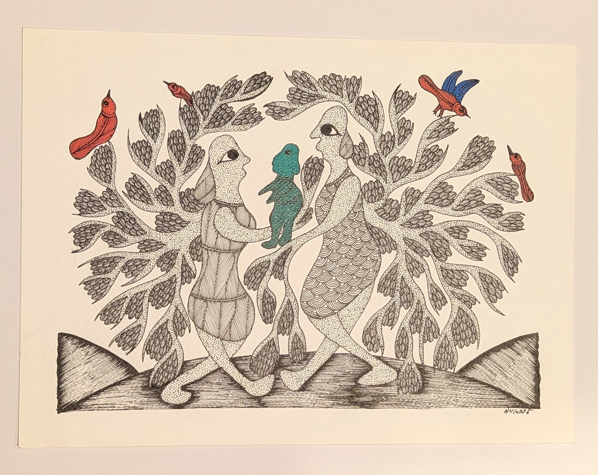 Tree Spirits Family Ink on Paper - Gond Art