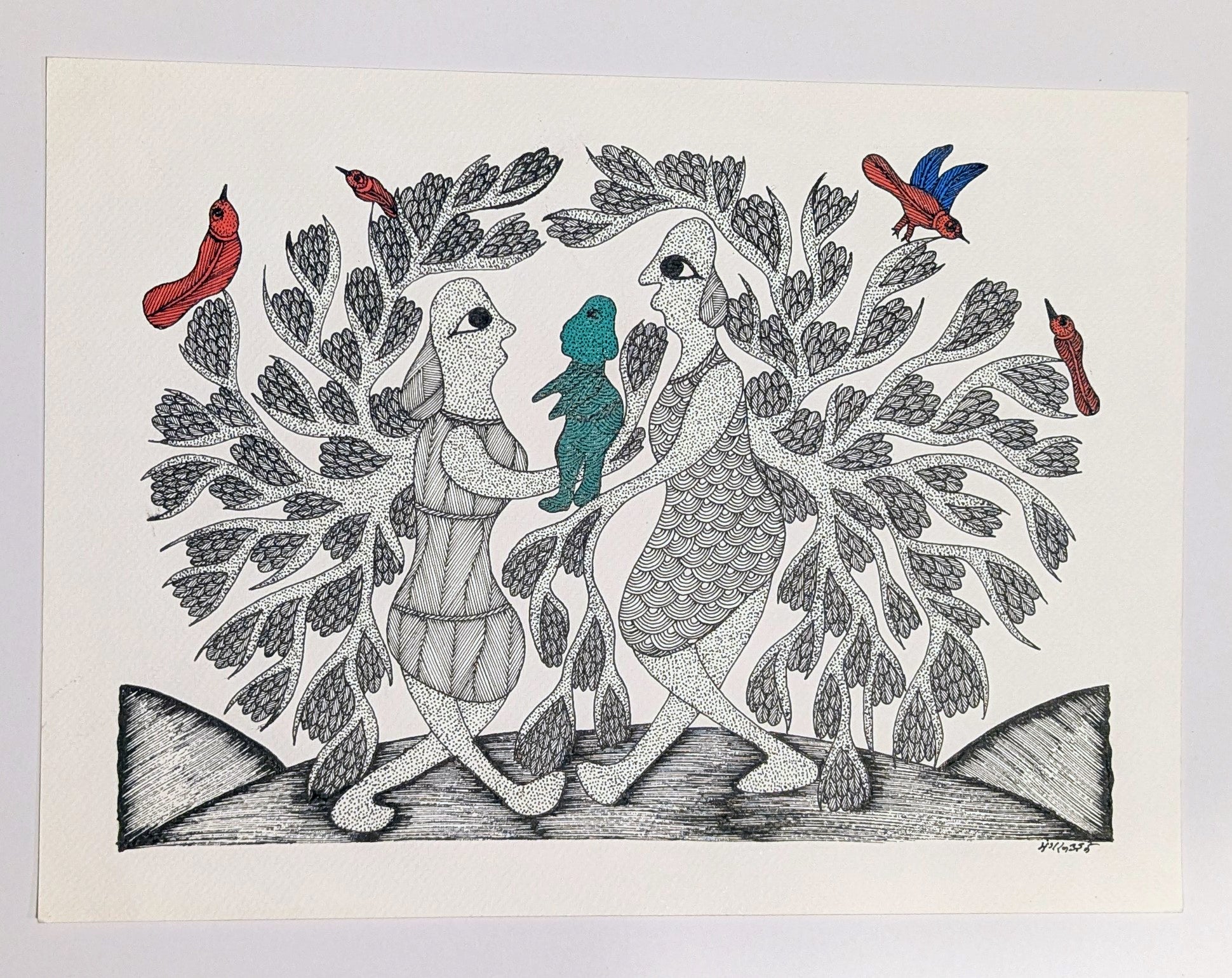 Tree Spirits Family Ink on Paper - Gond Art