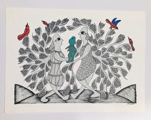 Tree Spirits Family Ink on Paper - Gond Art