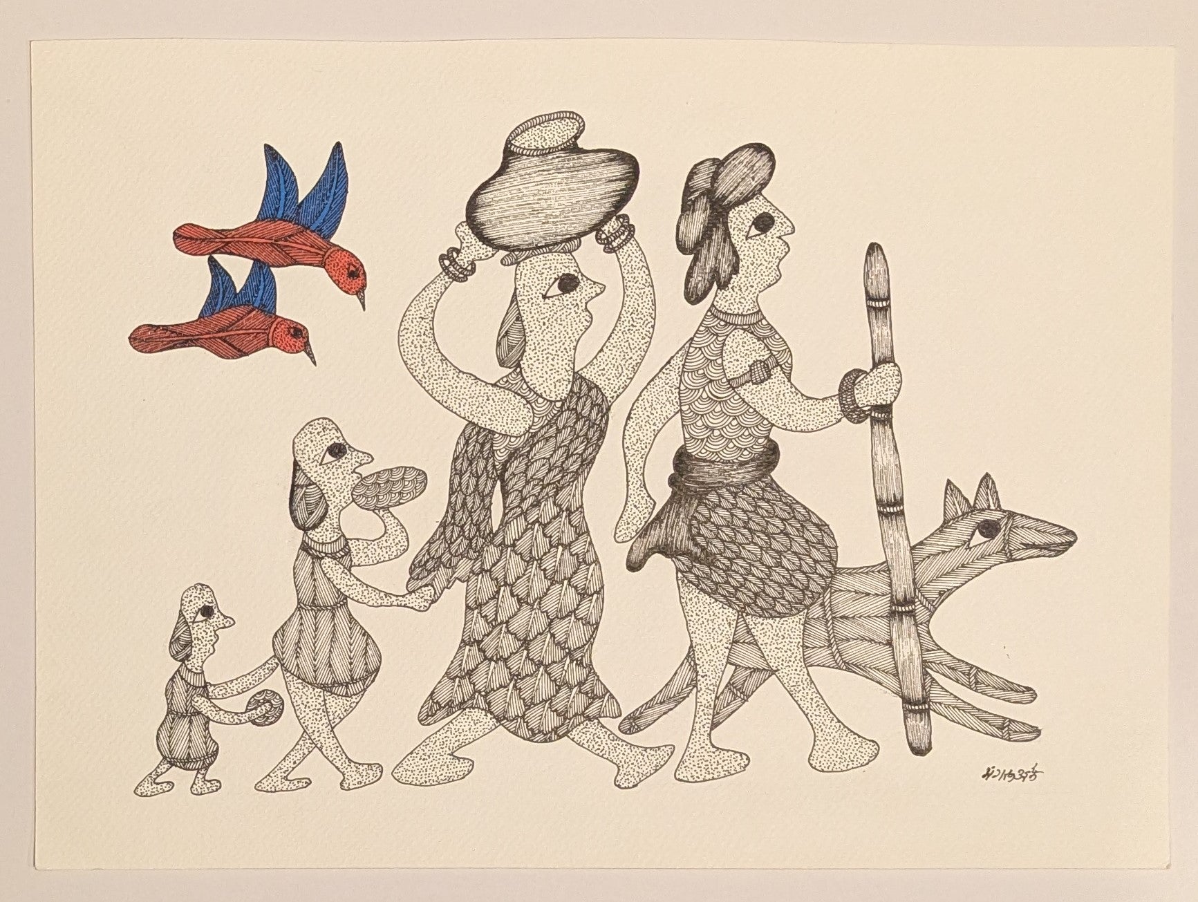 Village Family Ink on Paper - Gond Art