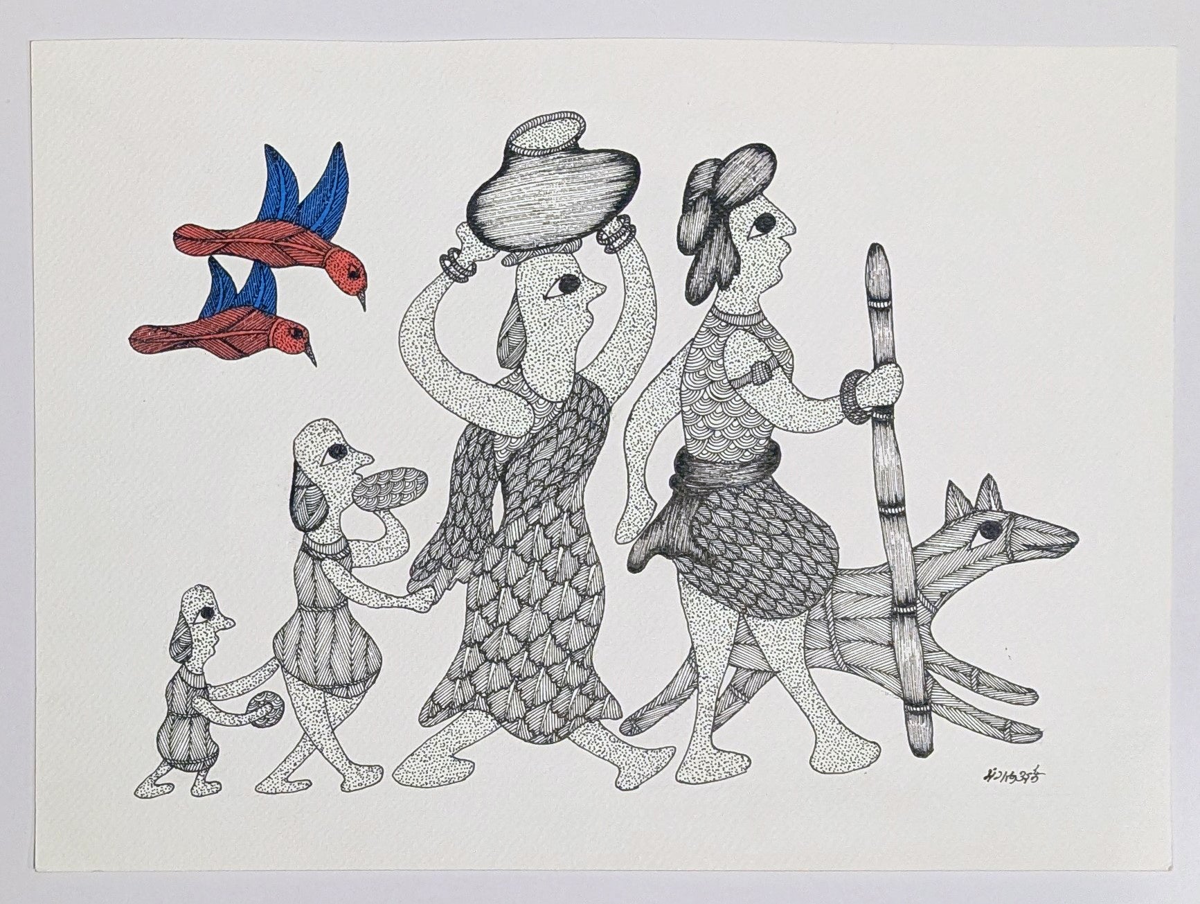 Village Family Ink on Paper - Gond Art