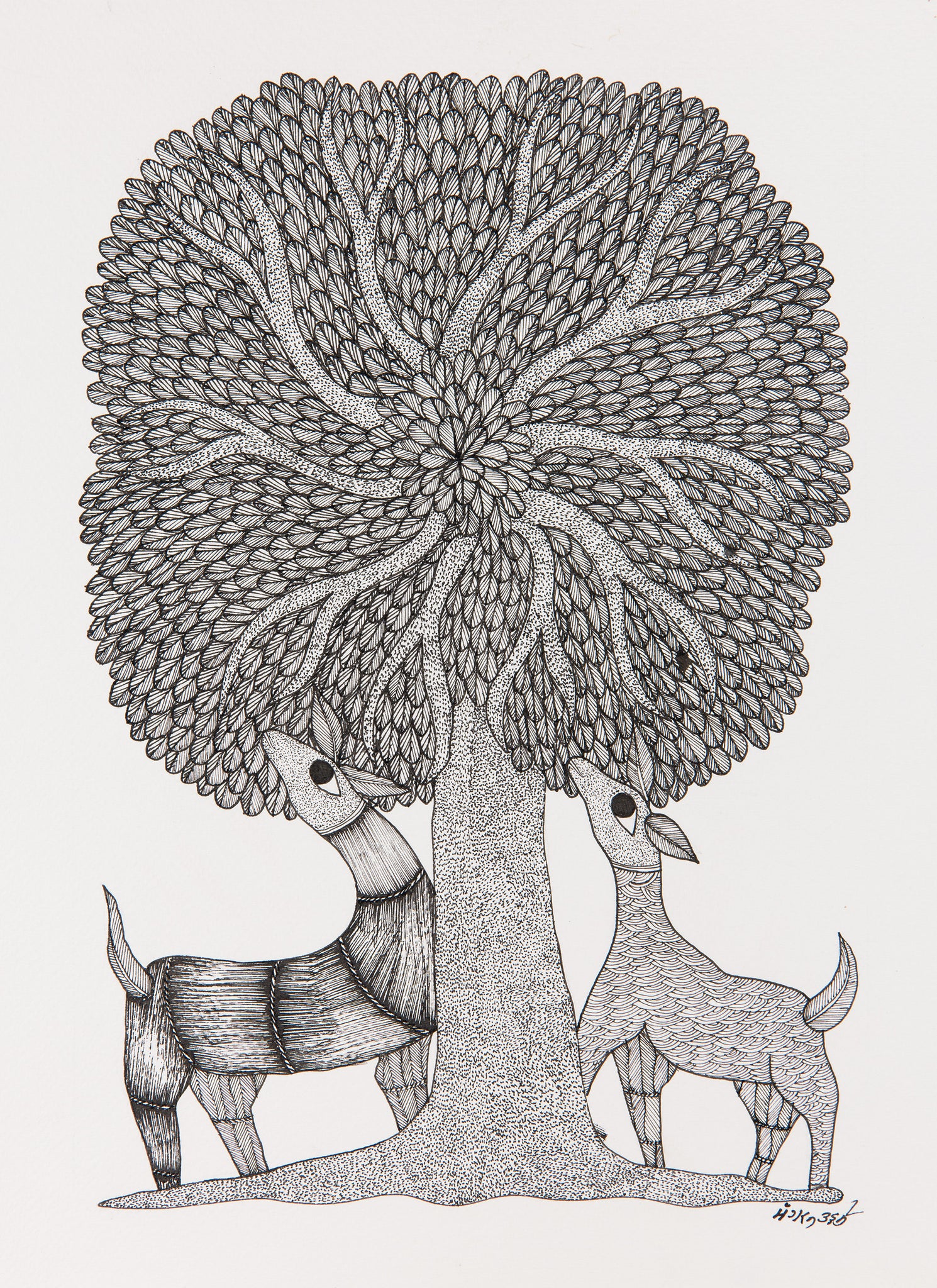 Deer Under A Tree Ink on Paper - Gond Art