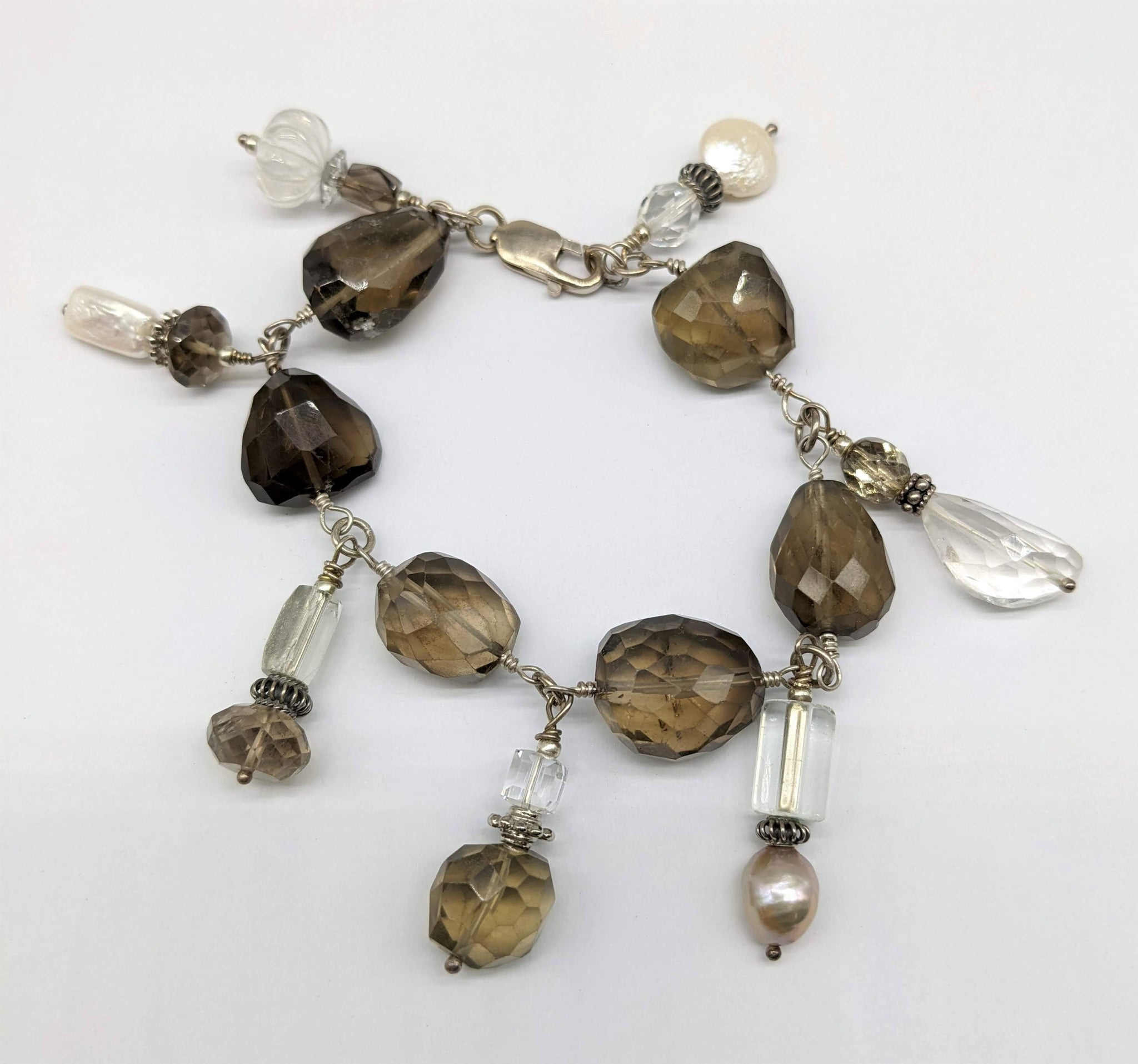 Smoky Quartz Pearl & Crystal Charm Bracelet